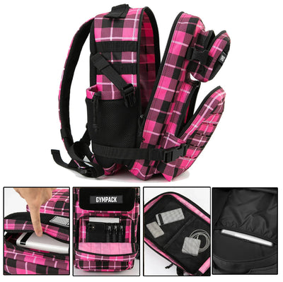 Mochila Gympack Pro 25L Rosa Xadrez - Bolsos abertos e detalhes gerais da mochila