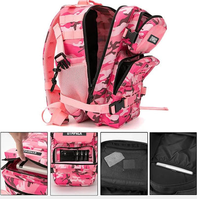 Mochila Gympack Pro 25L Rosa Camuflada - Bolsos abertos mostrando os compartimentos